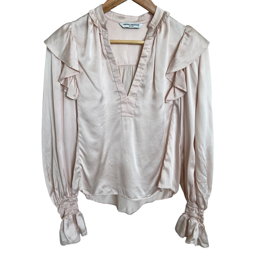 Amanda Uprichard 100% Silk Baby Pink Ruffle Long Sleeve V Neck Blouse SZ XS